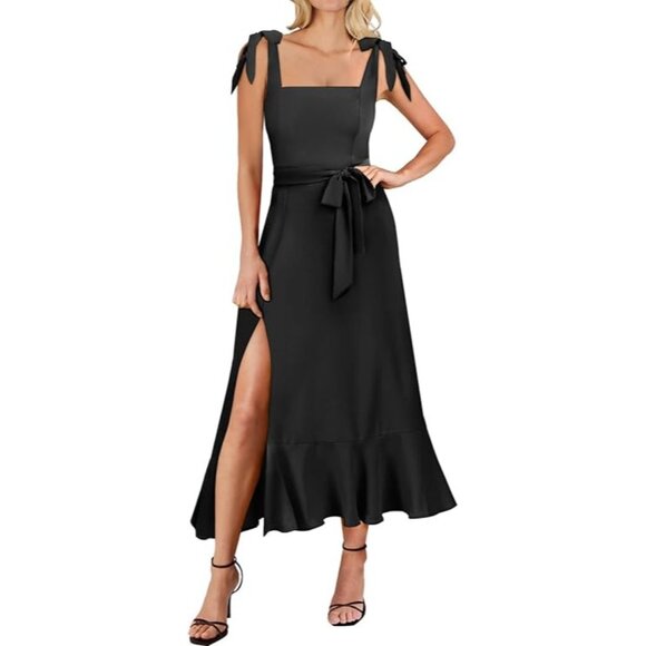 ANRABESS Dresses & Skirts - Women's Square Neck Ruffle Split Midi Dress - Black -Size M - NWT
